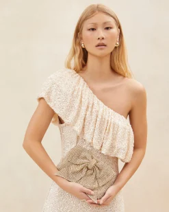 Loeffler Randall Jolene Gold Diamanté Bow Clutch