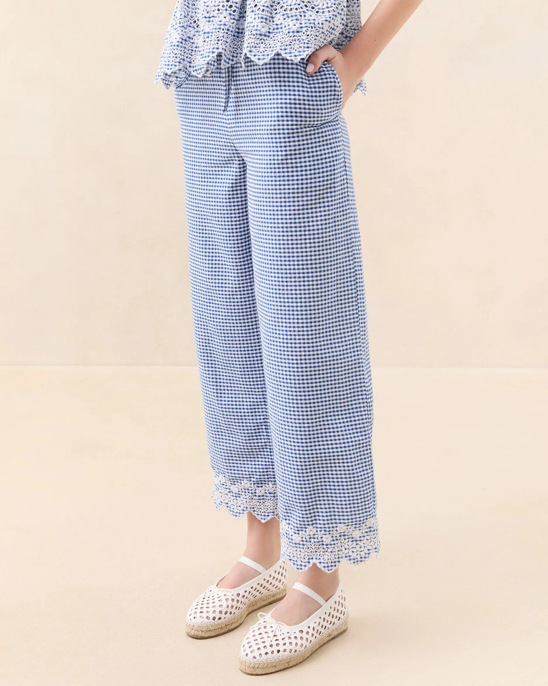 Loeffler Randall Blake Blue Gingham Embroidered Pant