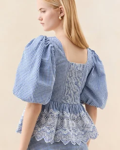 Loeffler Randall Jodie Blue Gingham Embroidered Top