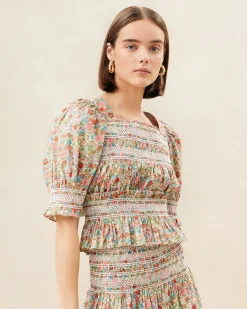 Loeffler Randall Nicola Cream Floral Cinched Blouse